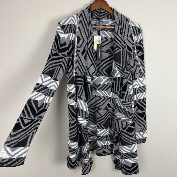 Cable & Gauge Cardigan Sweater Womens Medium Black Gray Aztec Open Front Draped - Picture 4 of 11